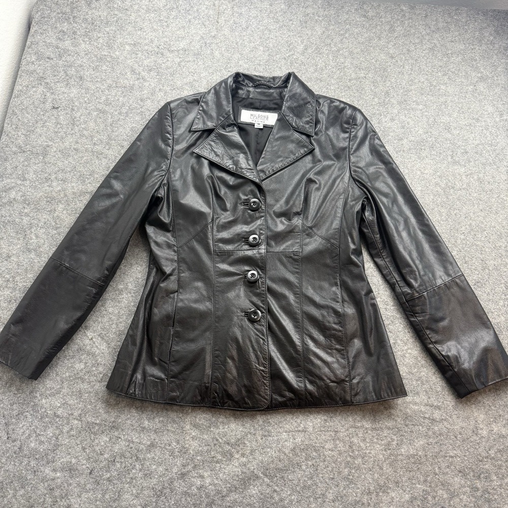 Wilsons Leather Maxima Jacket Womens Medium Black Button Front Blazer Coat